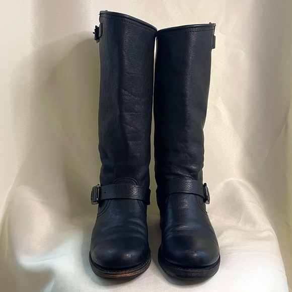 FRYE Veronica Black Leather mid-calf Pull On Engineers Boots - Picture 1 of 12